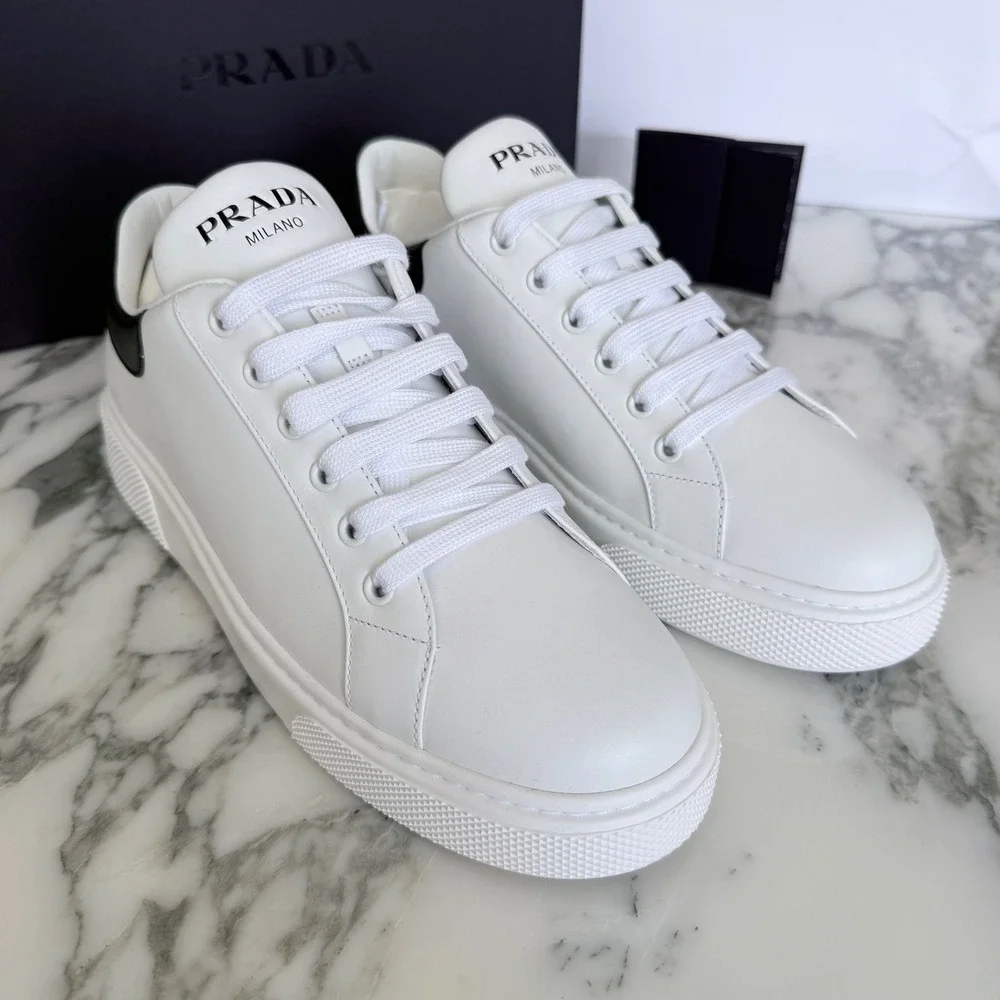 Prada Women White Leather Low Top Sneakers Black Heel Tab 1E621M Size US7
